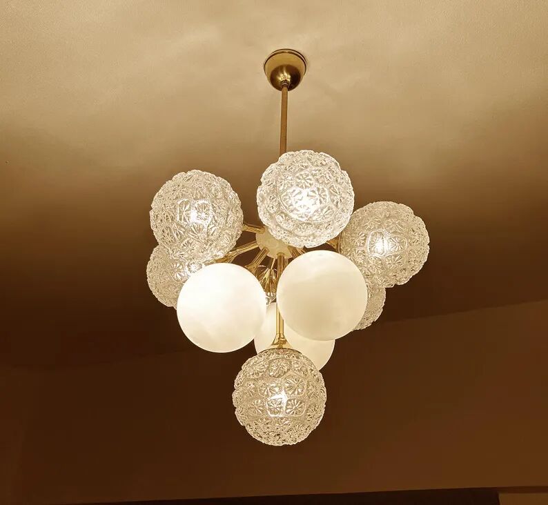 Mid Century Italian Glass & Brass Pendant Light