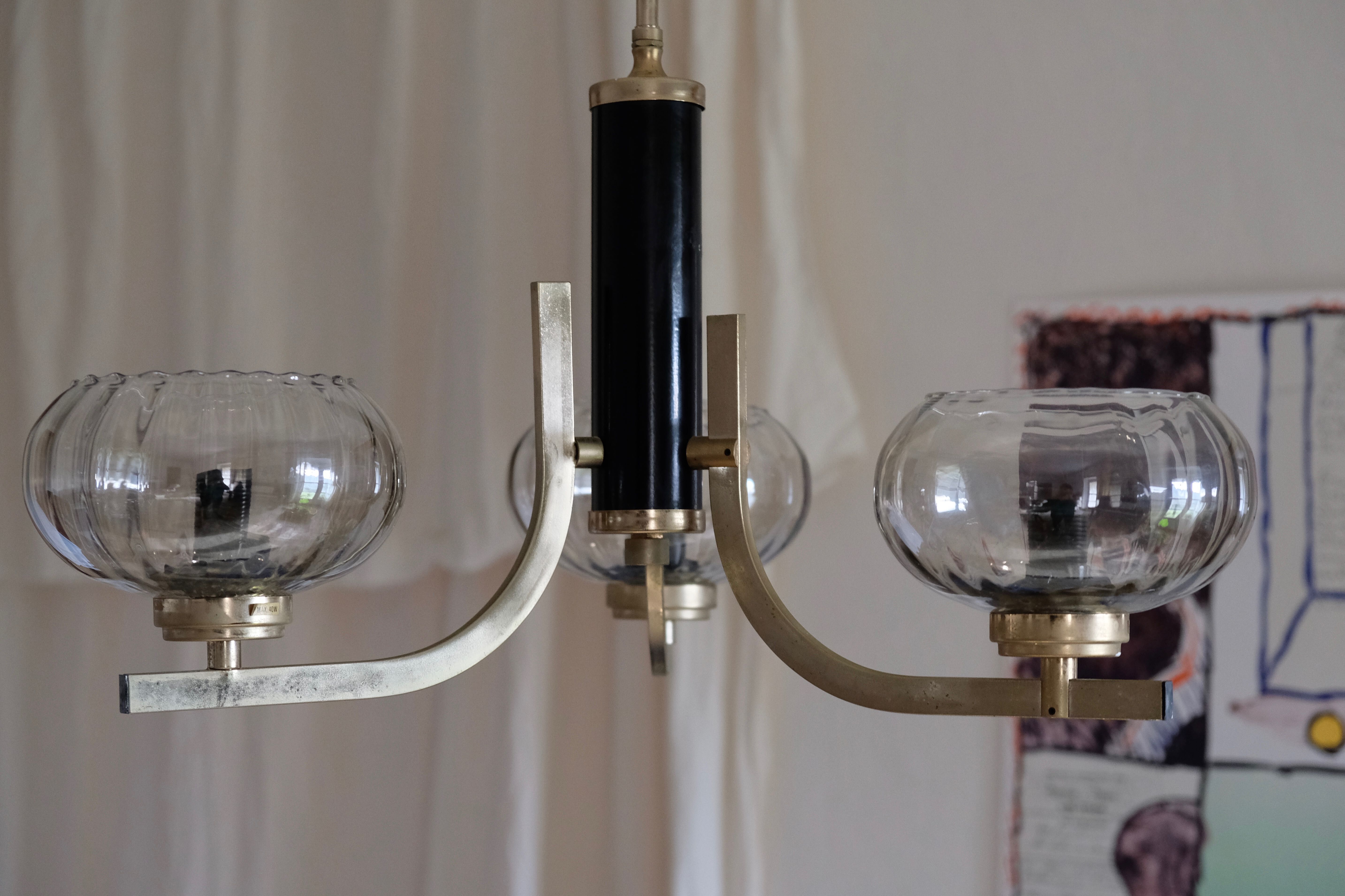 Smoky glass, brass and steel ceiling light