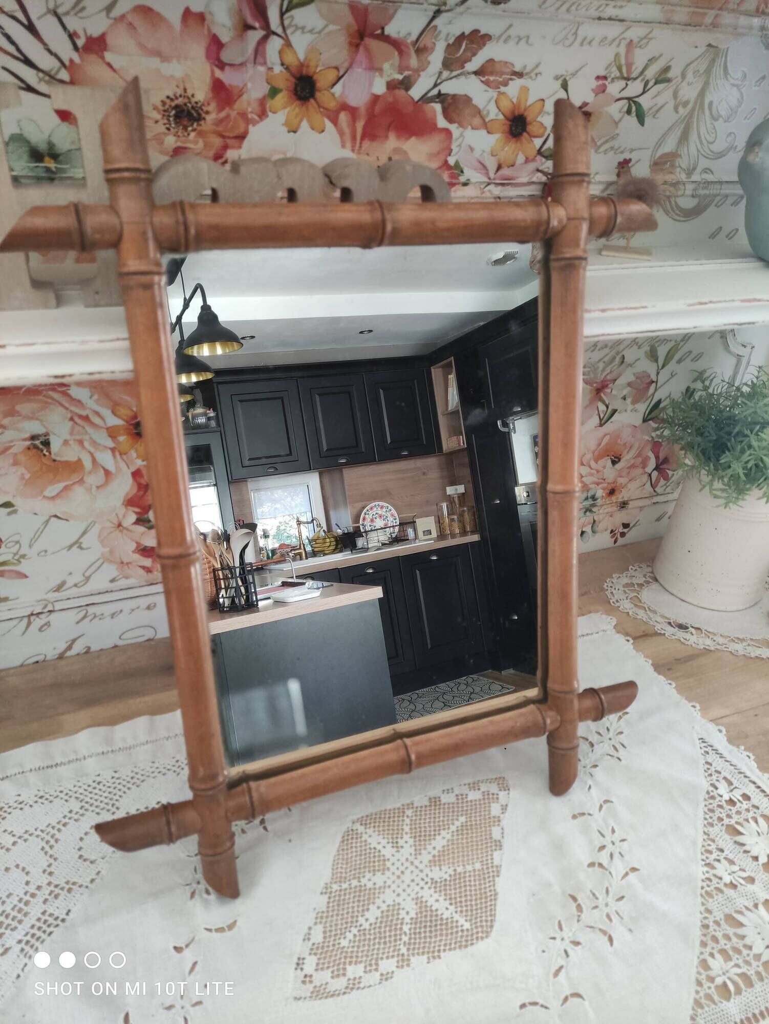 Miroir vintage en bois tourné façon bambou