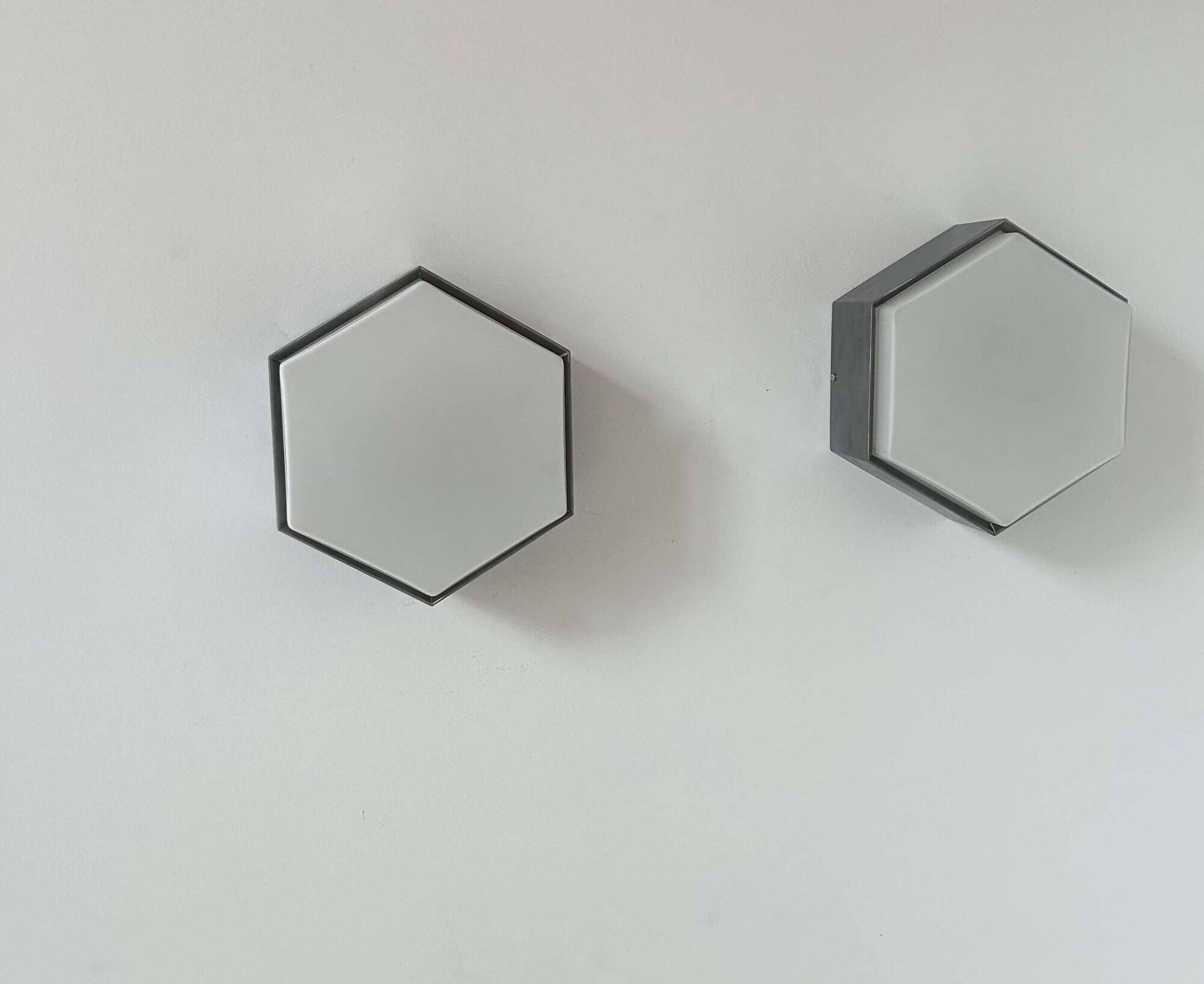 Pair of vintage opaline and metal wall lights, Raak Holland 1970