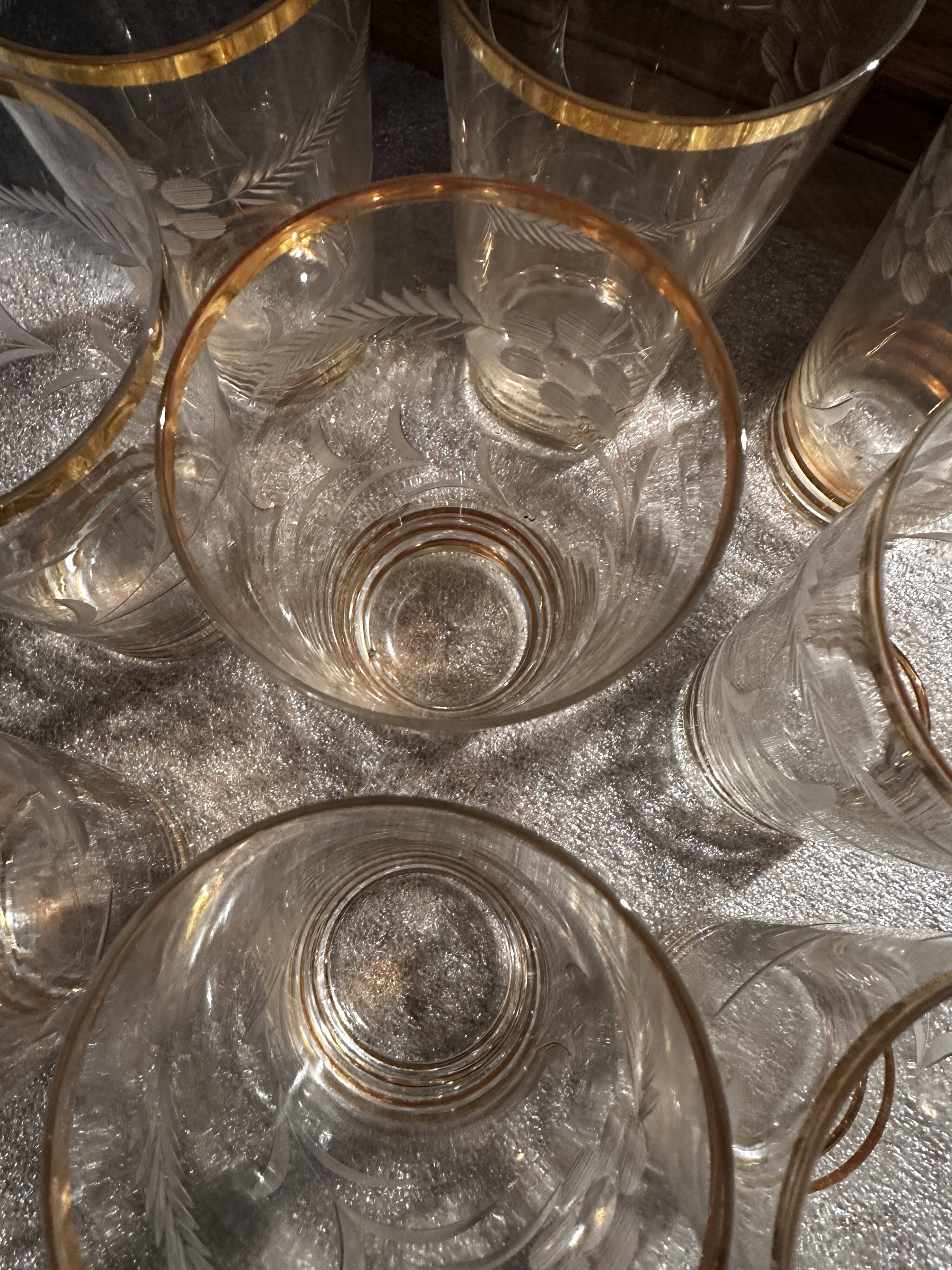 9 art-deco glasses in engraved crystal with gold trim