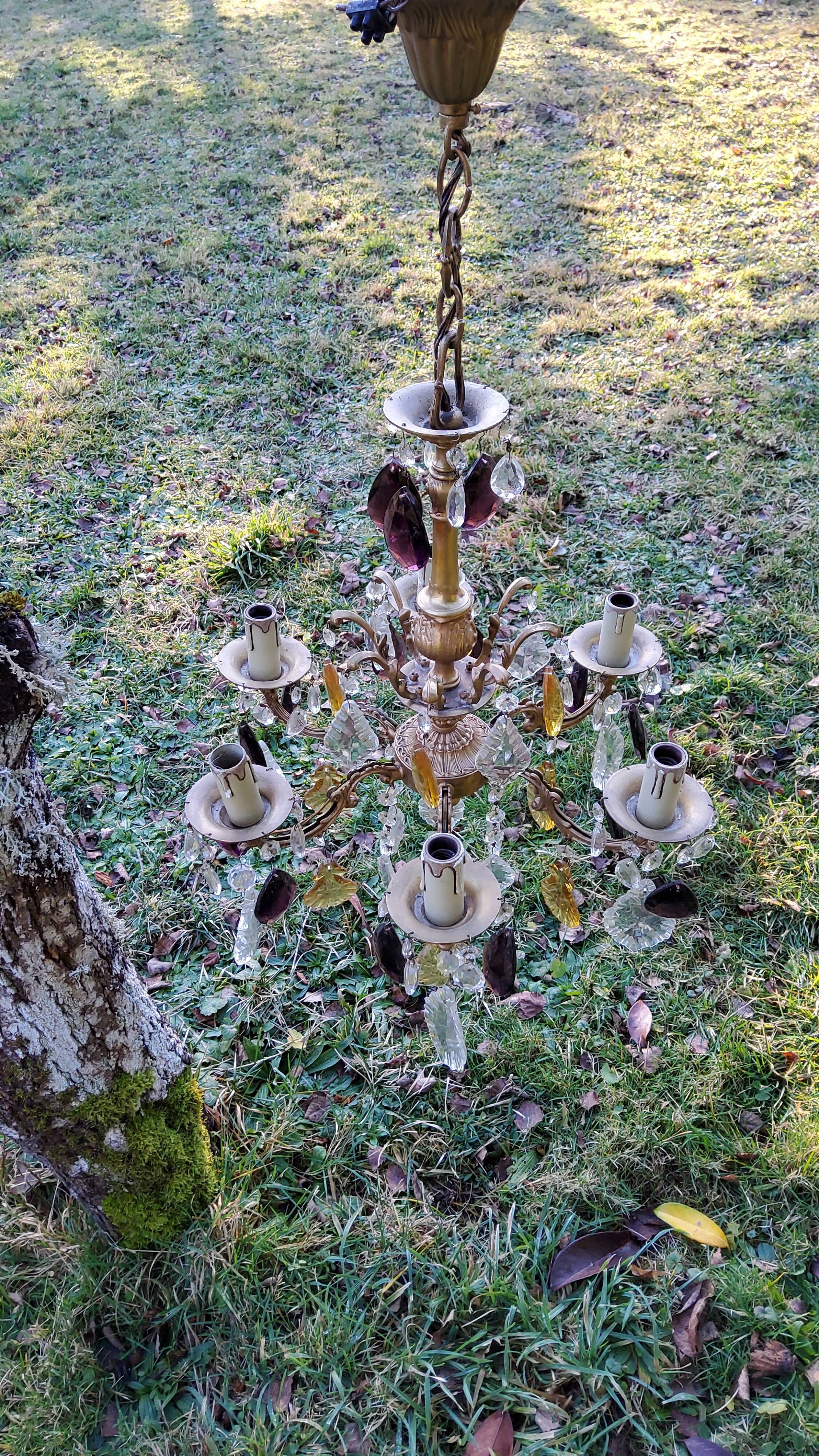 Bronze chandelier with grapevines of amber purple crystal color 6 branches