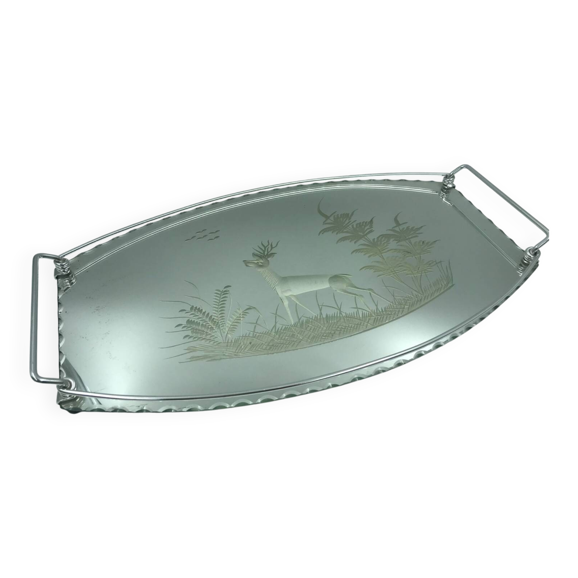 Beveled mirror tray with deer decoration.