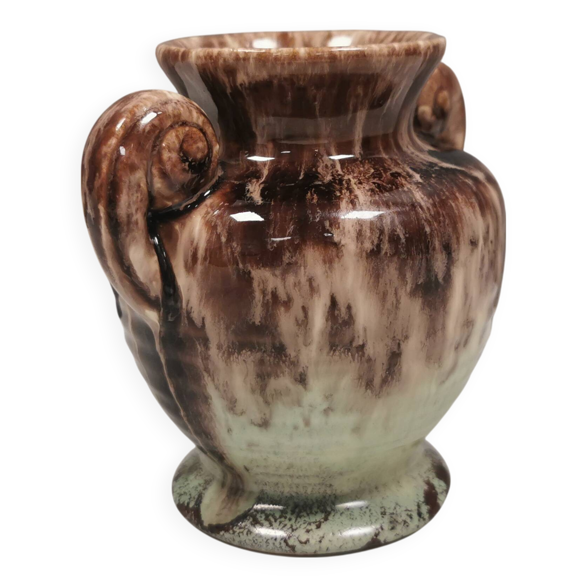 Petit vase à glaçure brillante de couleur marron/menthe et « oreilles » des années 1970, Suède