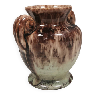 Petit vase à glaçure brillante de couleur marron/menthe et « oreilles » des années 1970, Suède