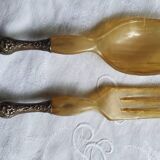 Art Nouveau salad servers in horn and silver metal