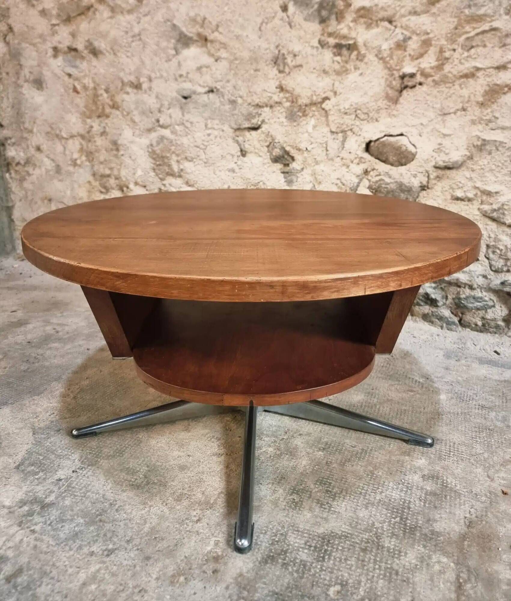 Vintage French Cherry Wood Coffee Table with Rotating Top - 1960s Round Shape on Iron Base Ø80cm