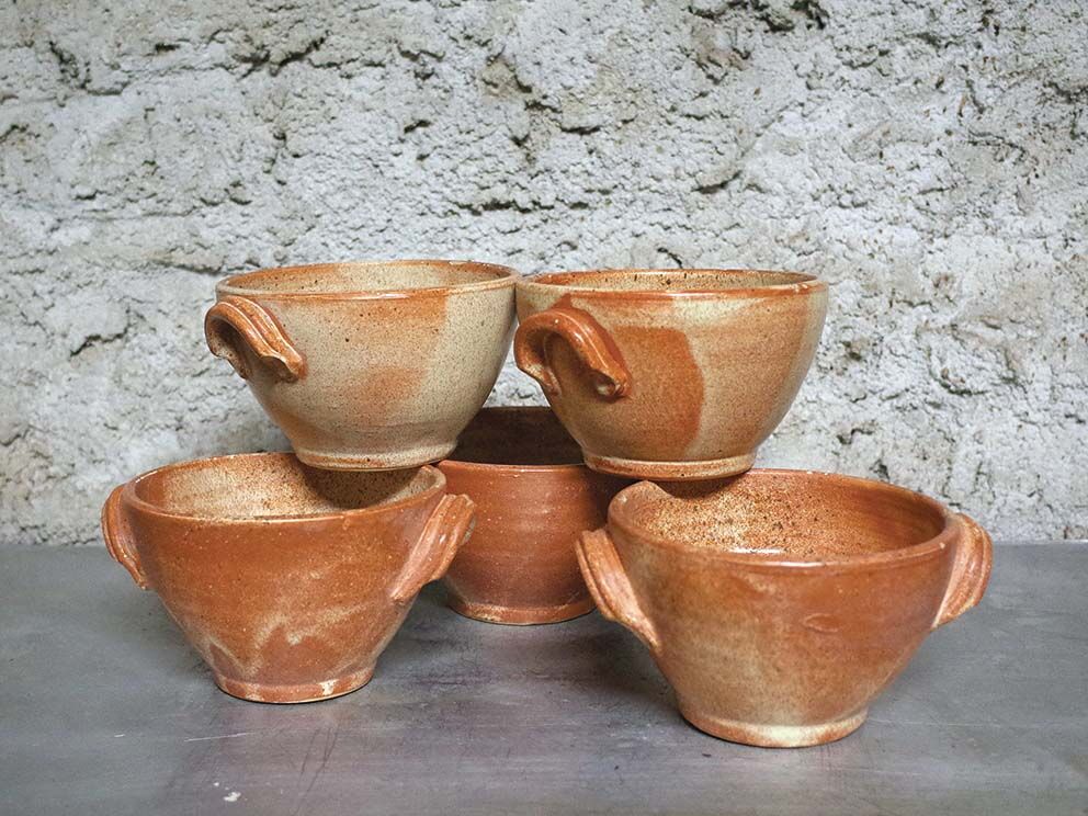 Set of 5 large sandstone bowls signed