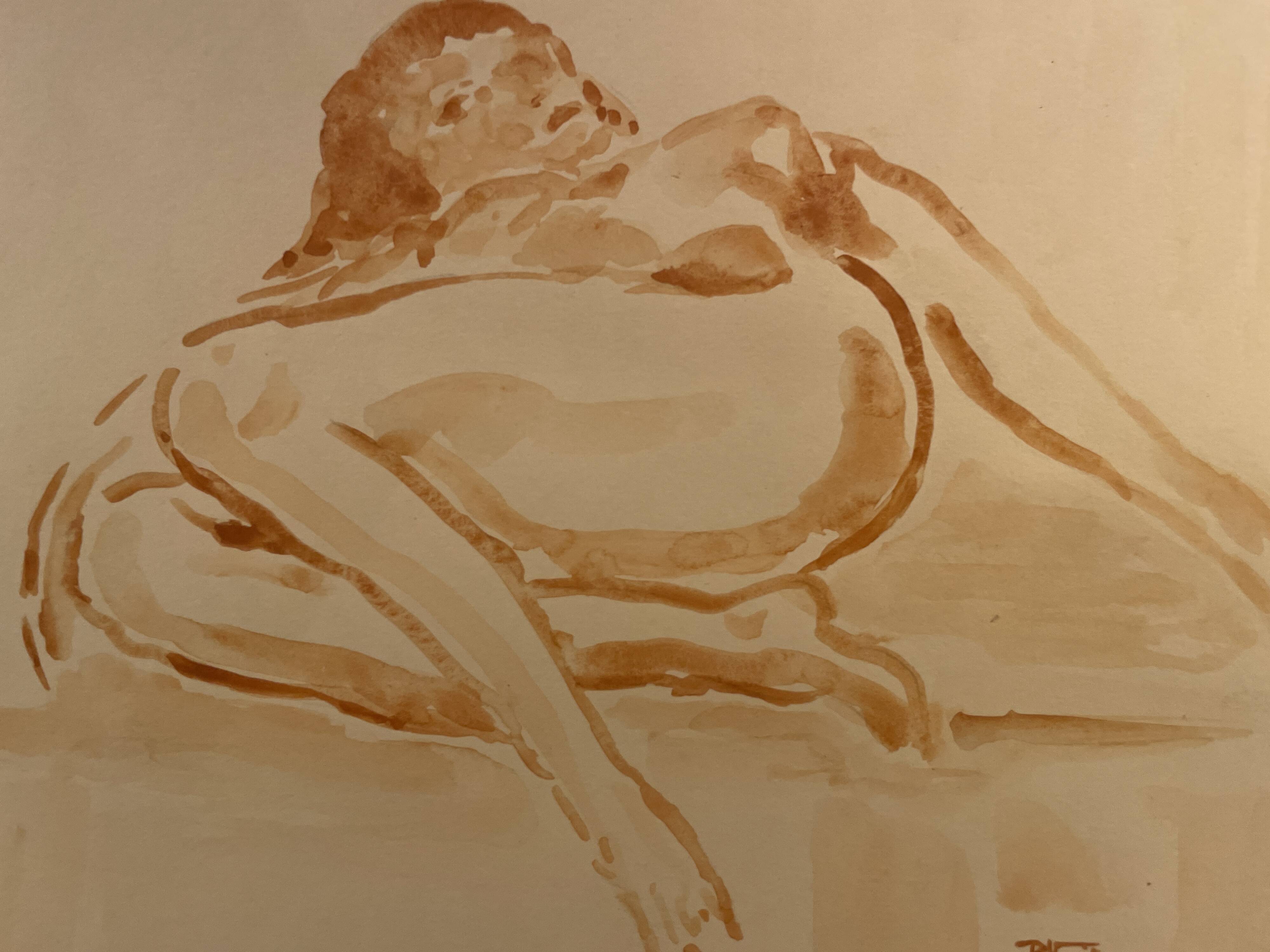 Signed painting monochrome watercolor female portrait "reclining study"