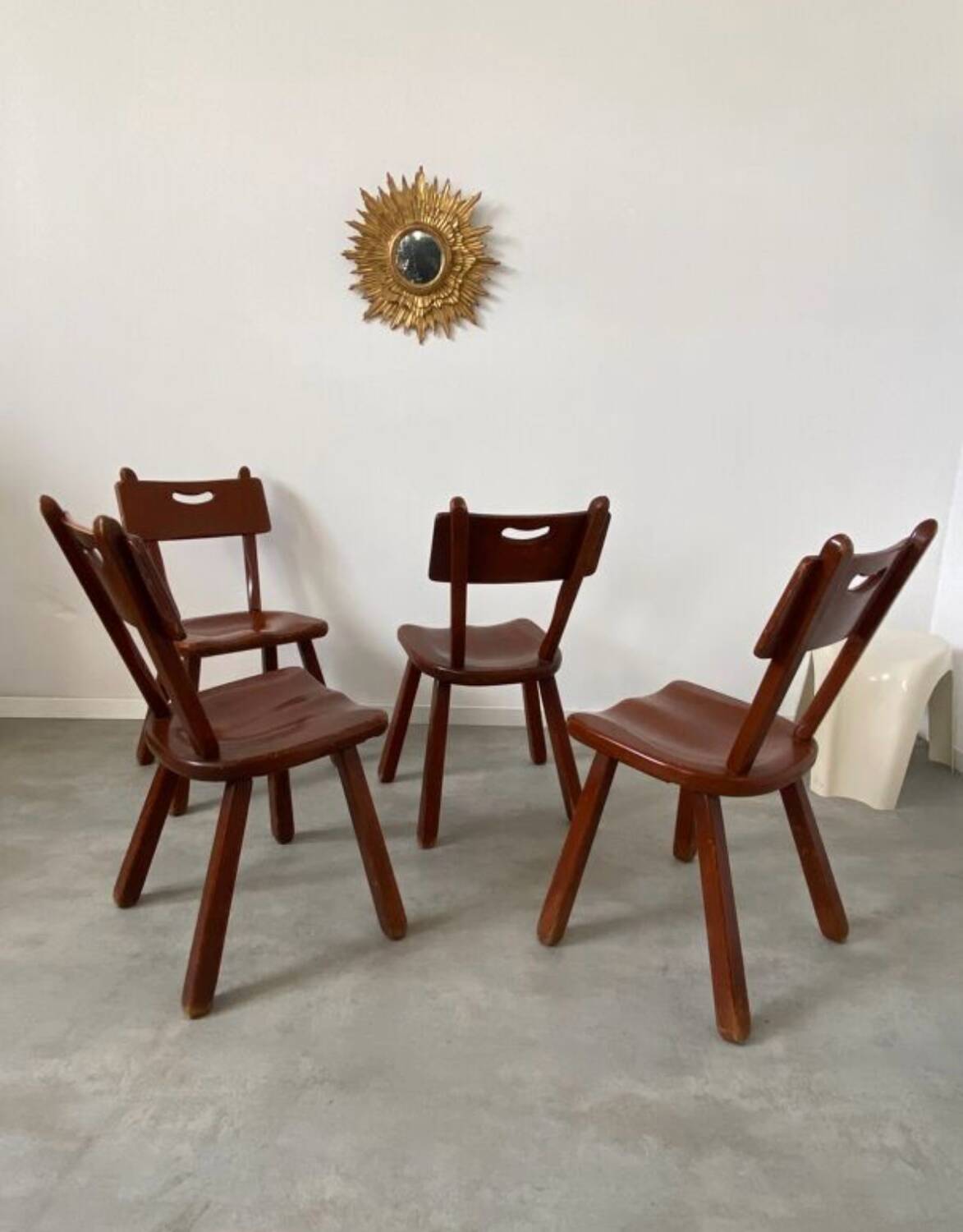 Set of 4 Imperial Loyalist brutalist wooden chairs, vintage 60s design