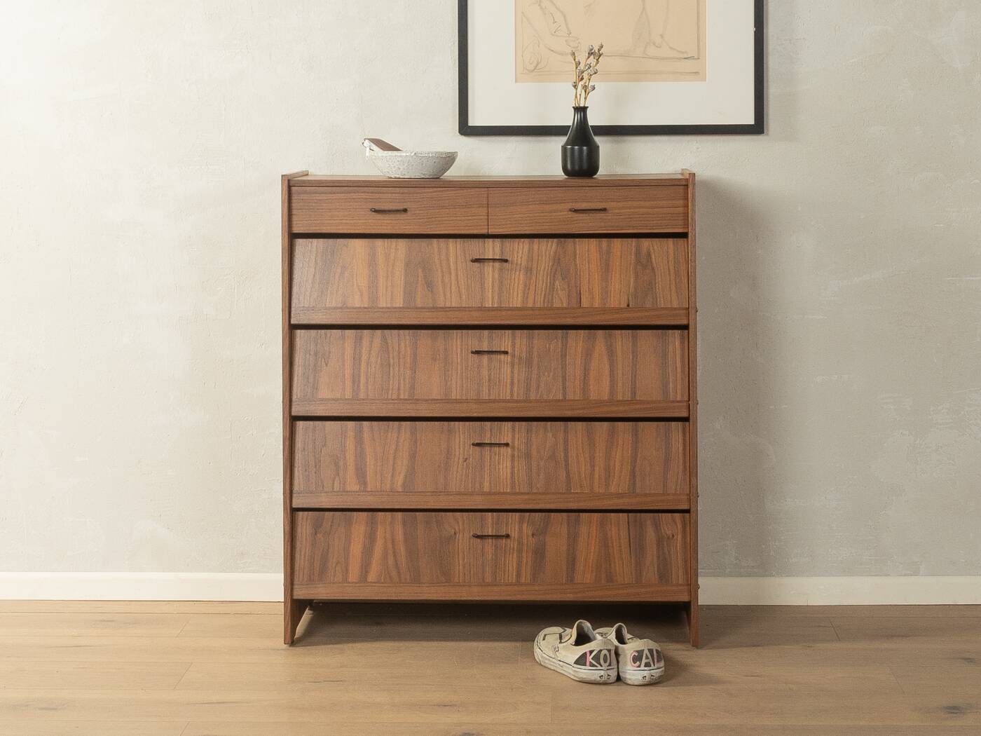 Classic shoe cabinet from the 1960s, walnut veneer, four drop-down doors, two drawers