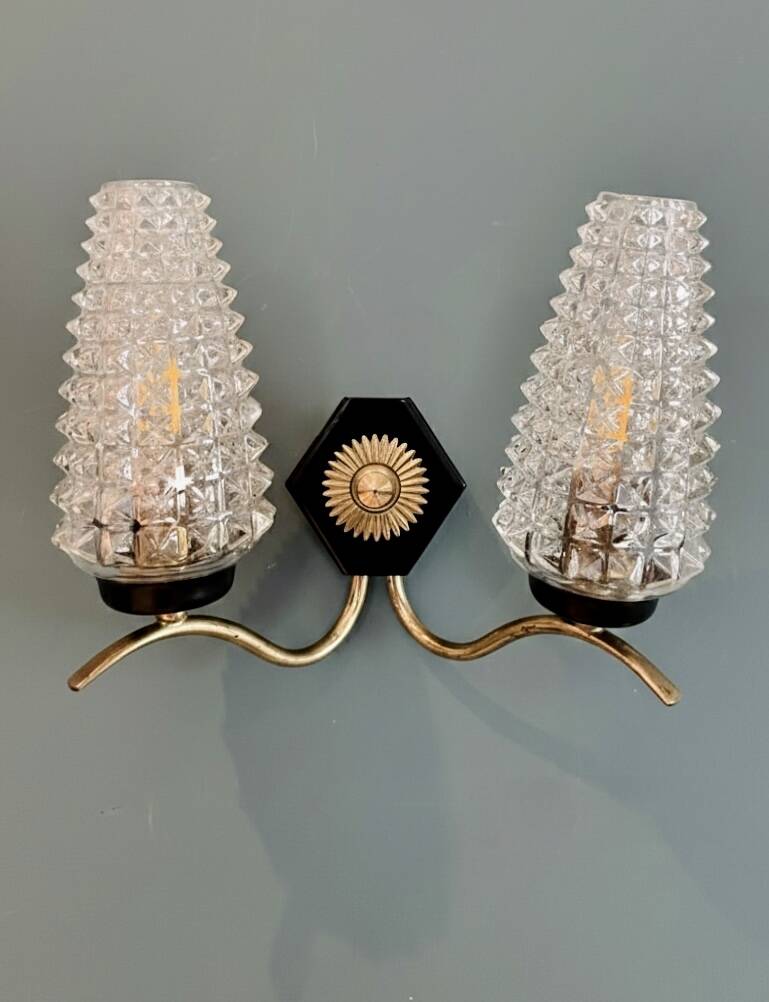 Double applique Mid Century Modern attributed to Maison Arlus, brass and glass.