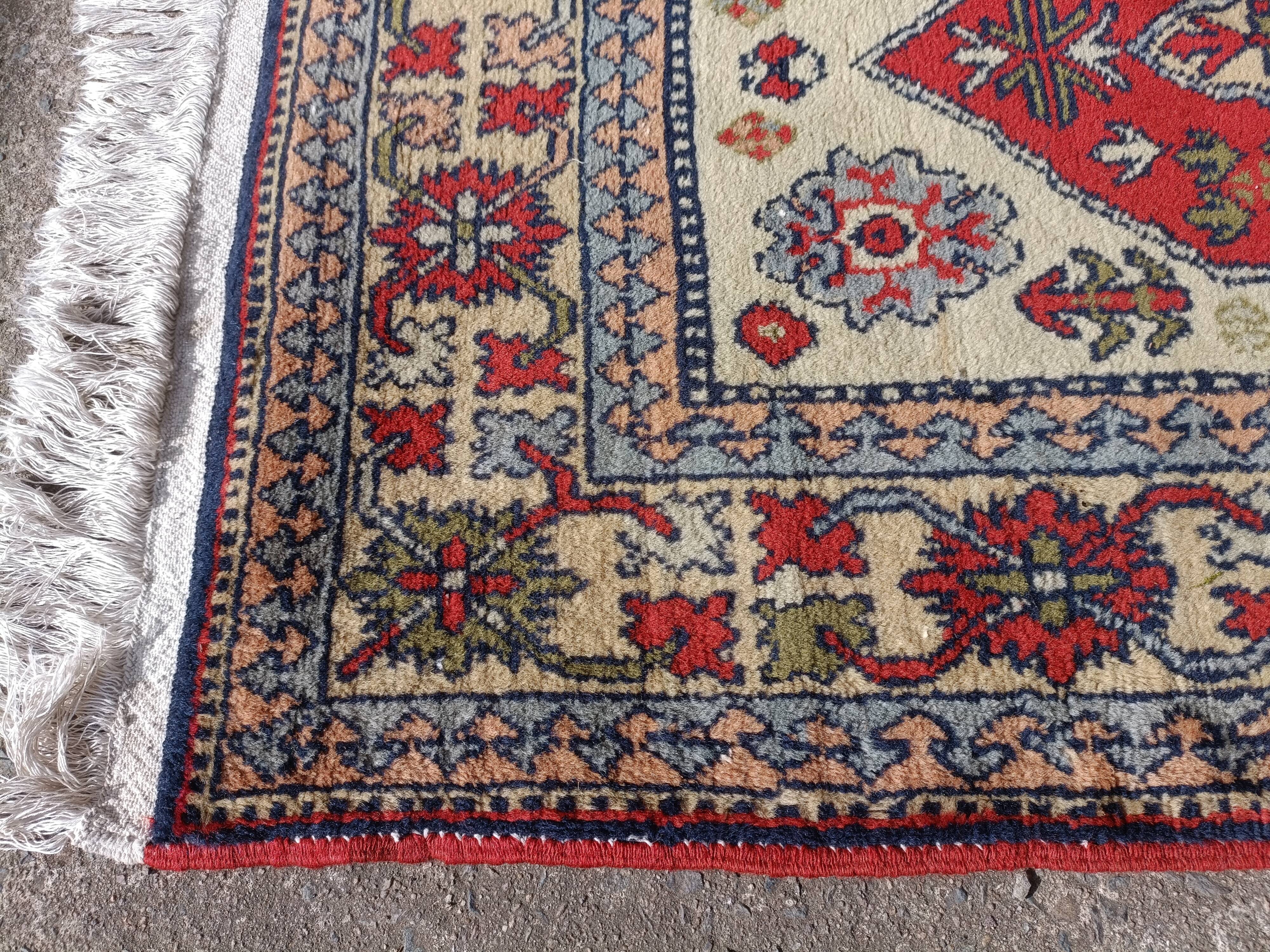 Handmade wool gallery carpet, geometric décor beige and red background, 3 m
