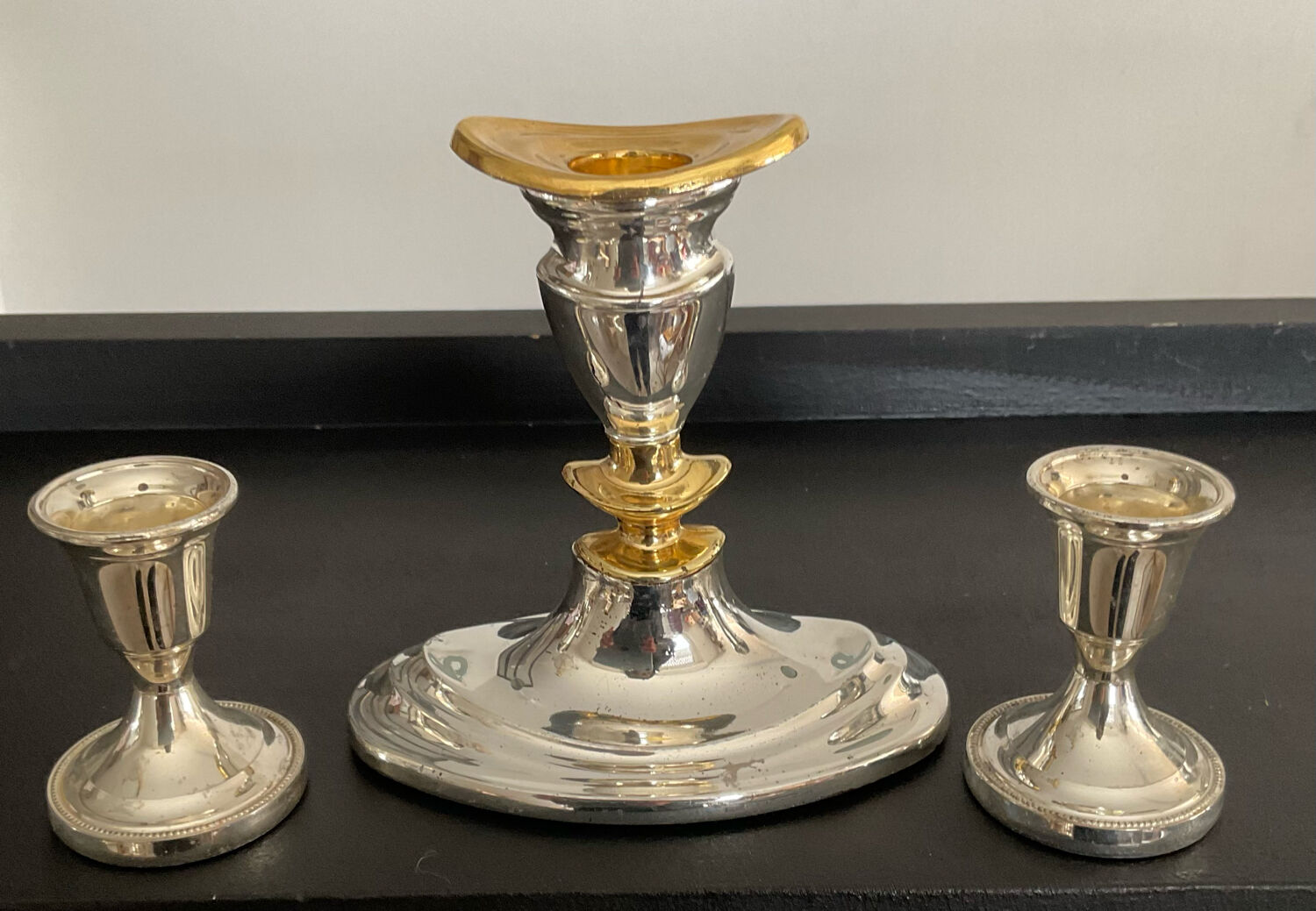 Trio de bougeoirs vintage en métal argenté et doré années 70