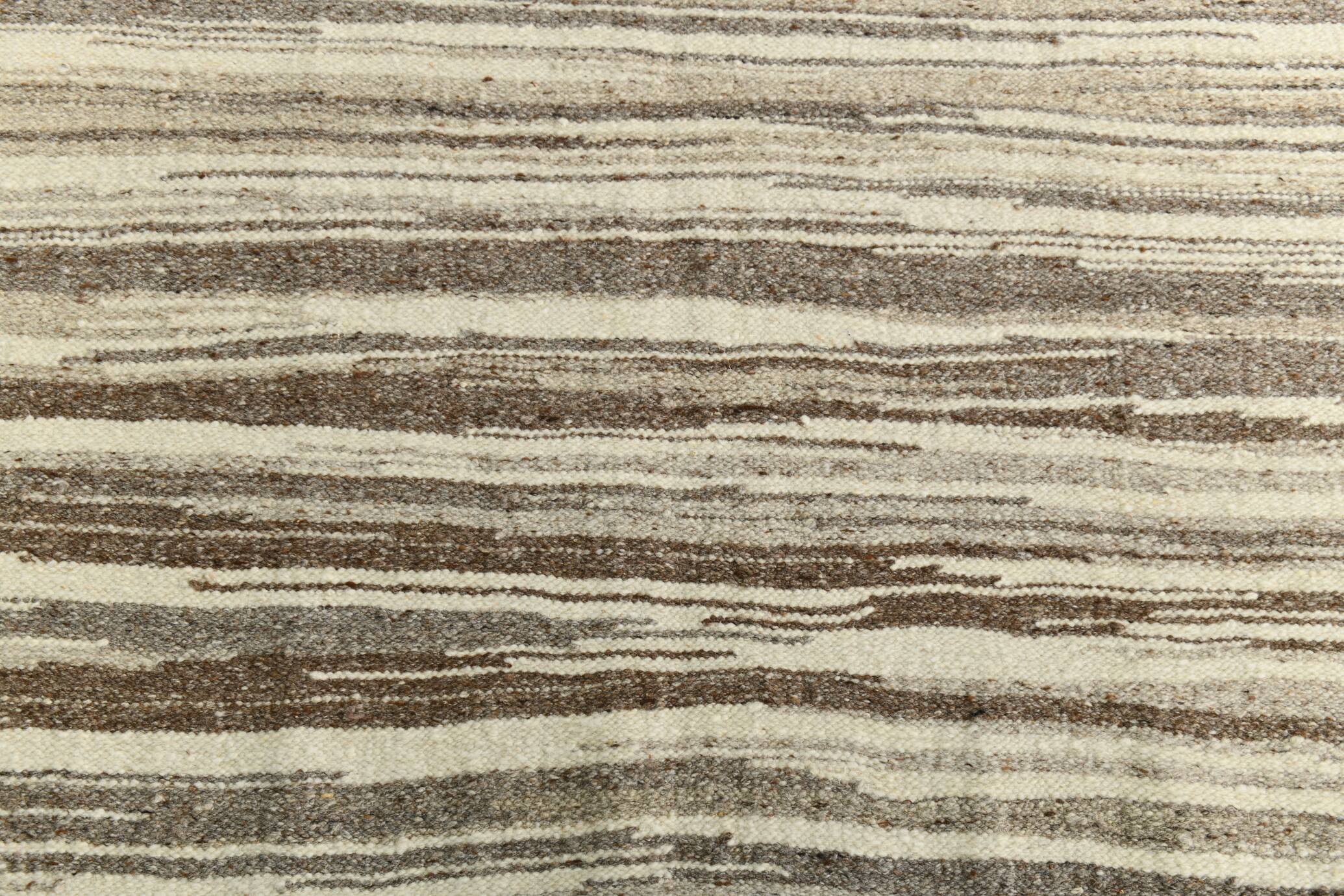 8x11 Brown Beige Minimalist Handmade Wool Kilim Rug, 226x350Cm