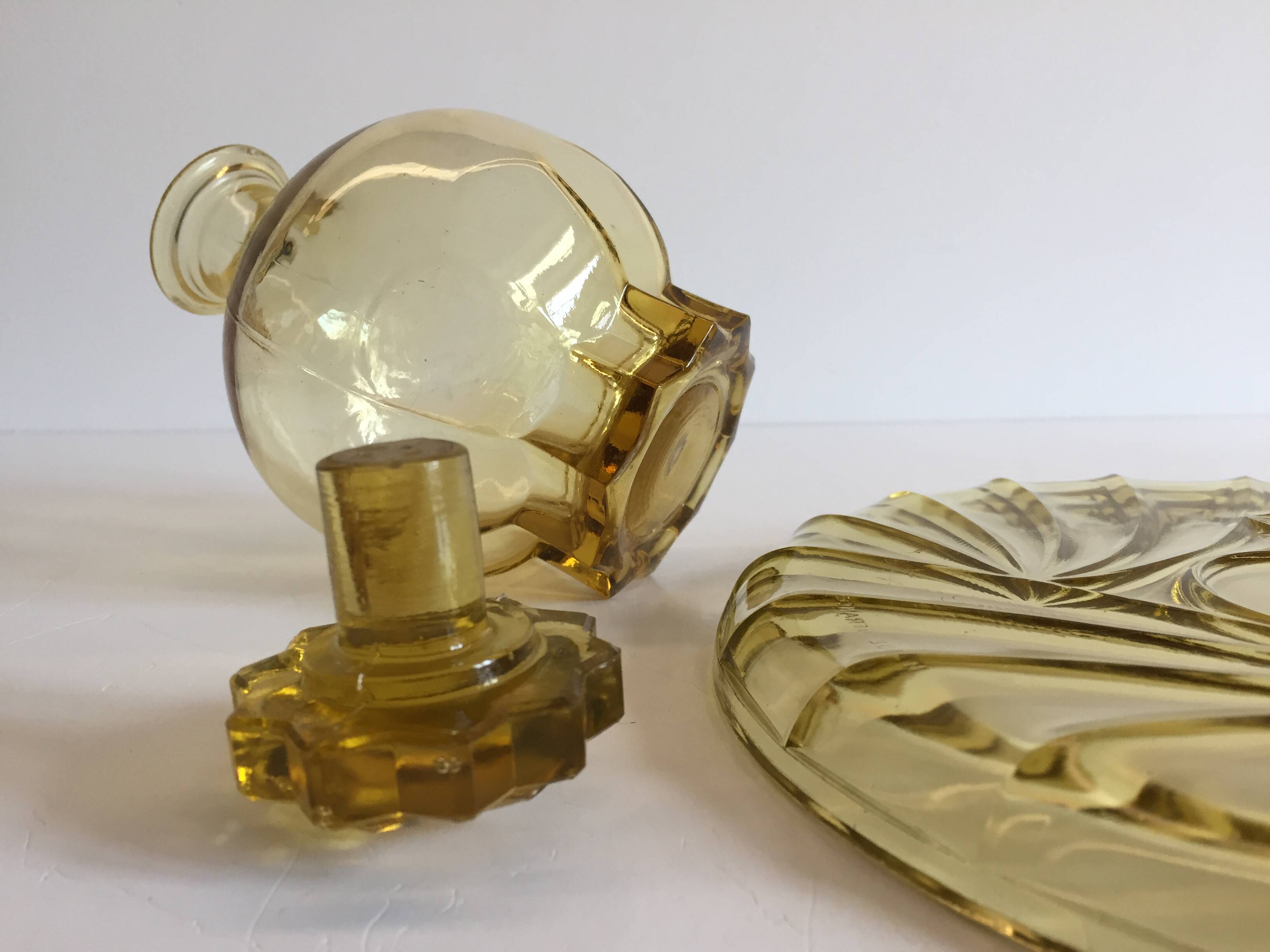 ART DECO Tray and Carafe Amber Yellow Glass