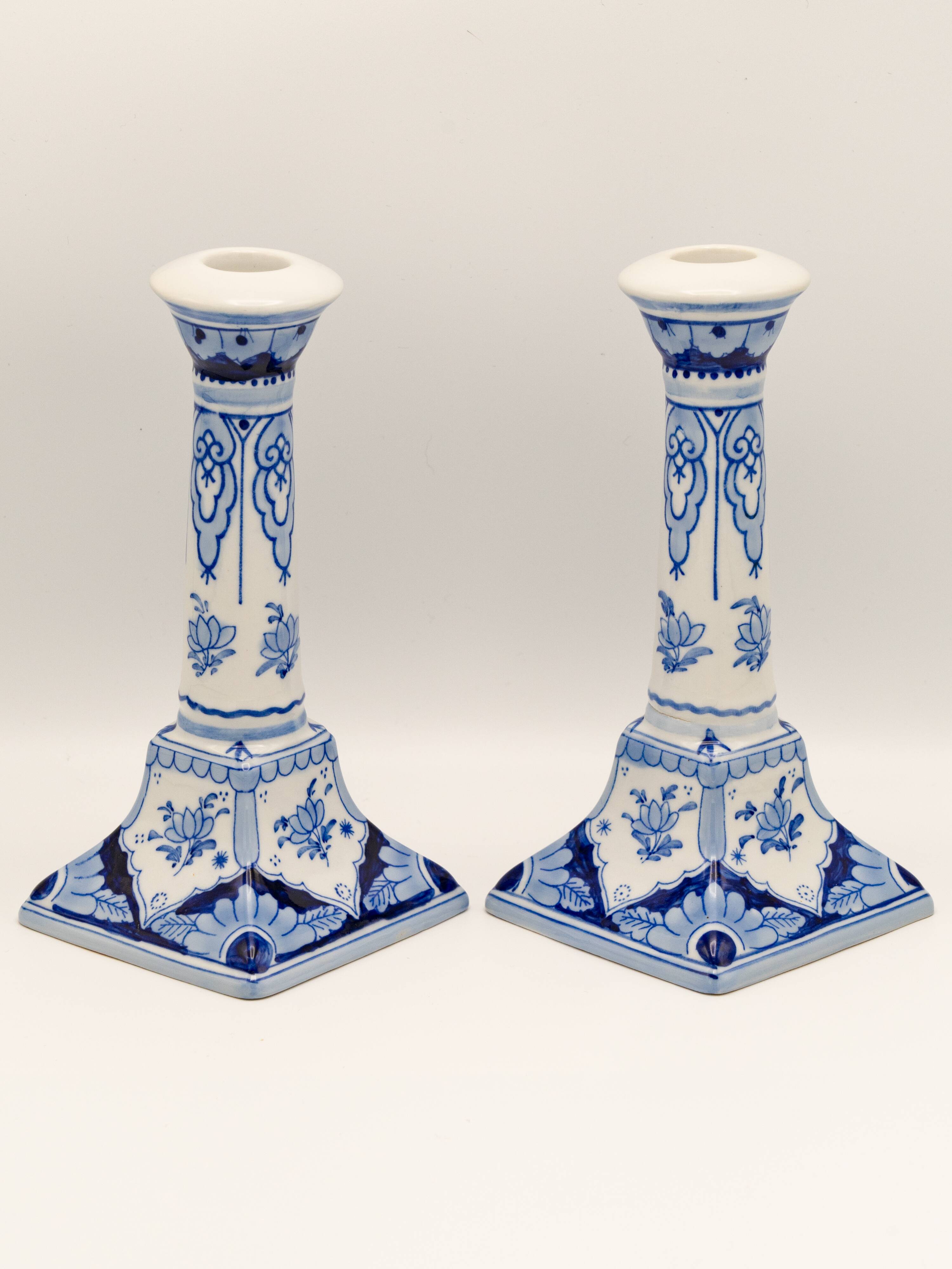 Pair of Royal Delft Blue and White Hand-Painted Ceramic Candlesticks