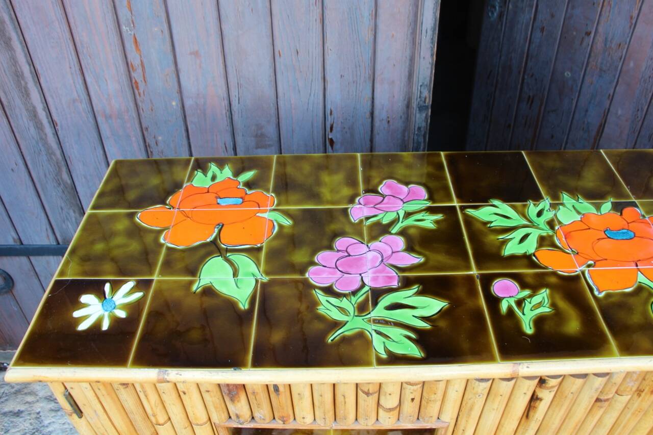 Vintage bamboo and rattan sideboard in the style of Audoux Minet.