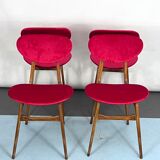 Set of four red velvet and wood dining chairs, Italy 1950