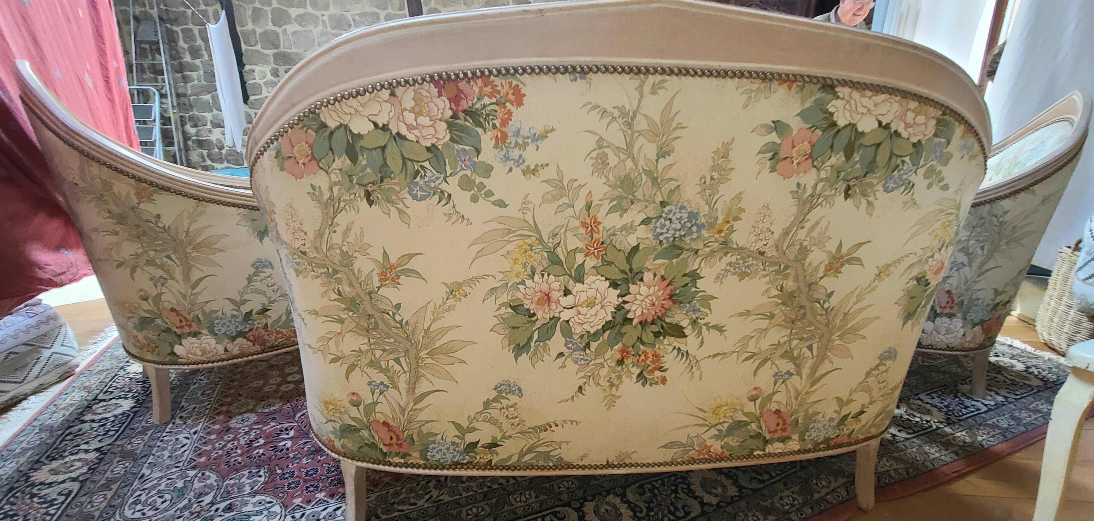 Salon 3 pièces style Louis XVI — canapé + 2 fauteuils — bois laqué