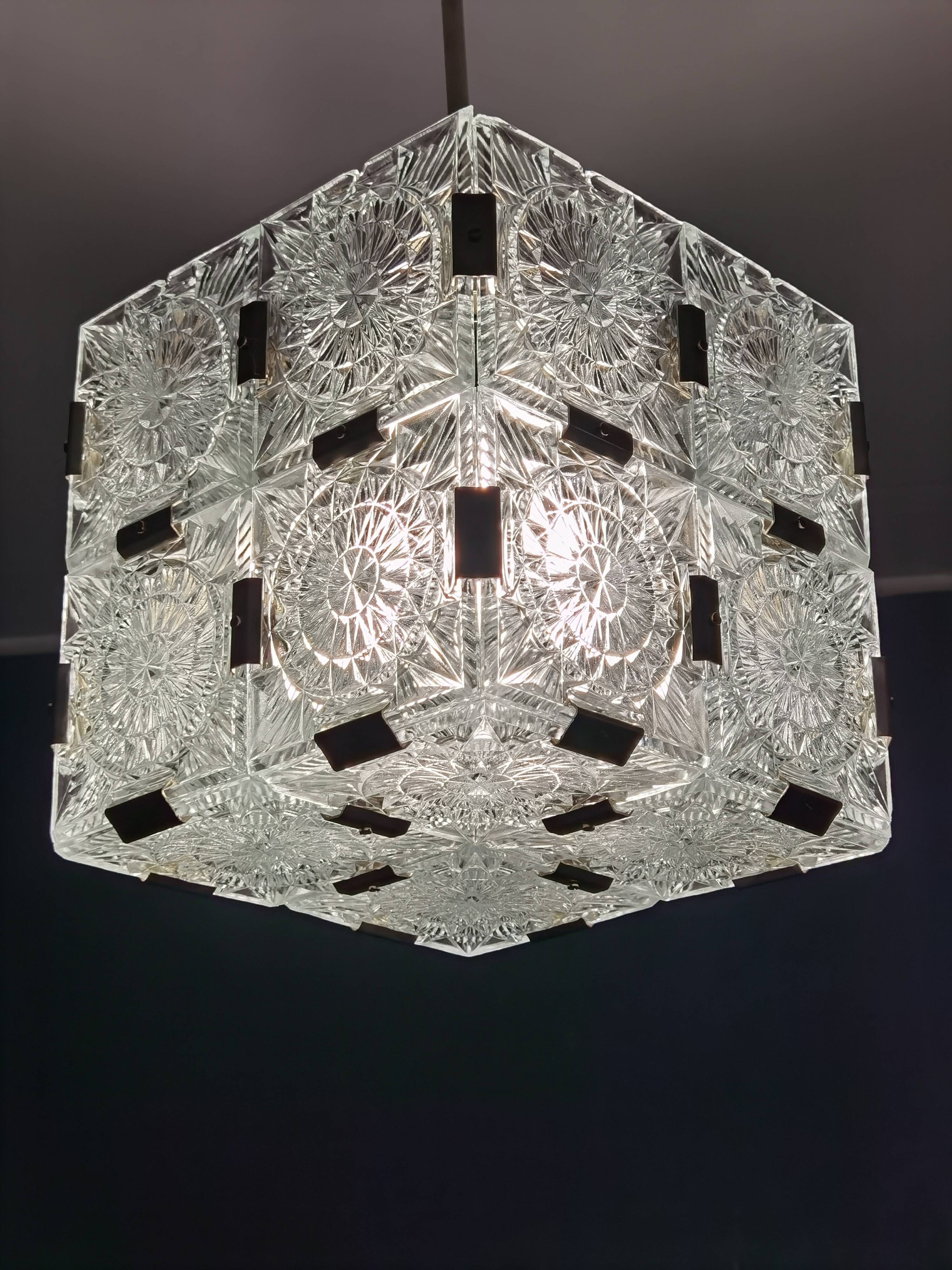 Glass faceted cube chandelier by Jaroslav Bejvl for Kamenicky Senov, year 1968