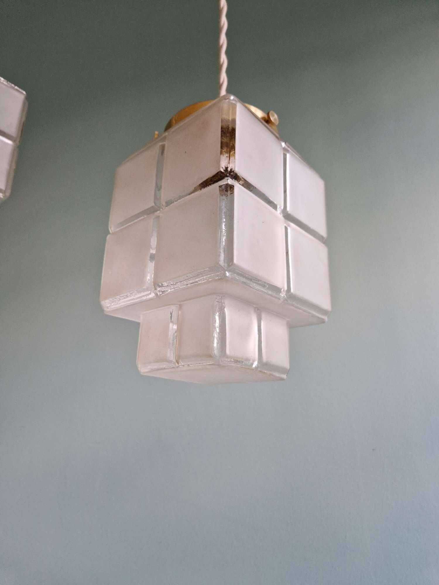 Pair of Art Deco Skyscraper satin glass pendant lights, 1930s