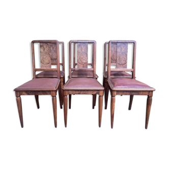 6 Art Deco period chairs in mahogany and leather