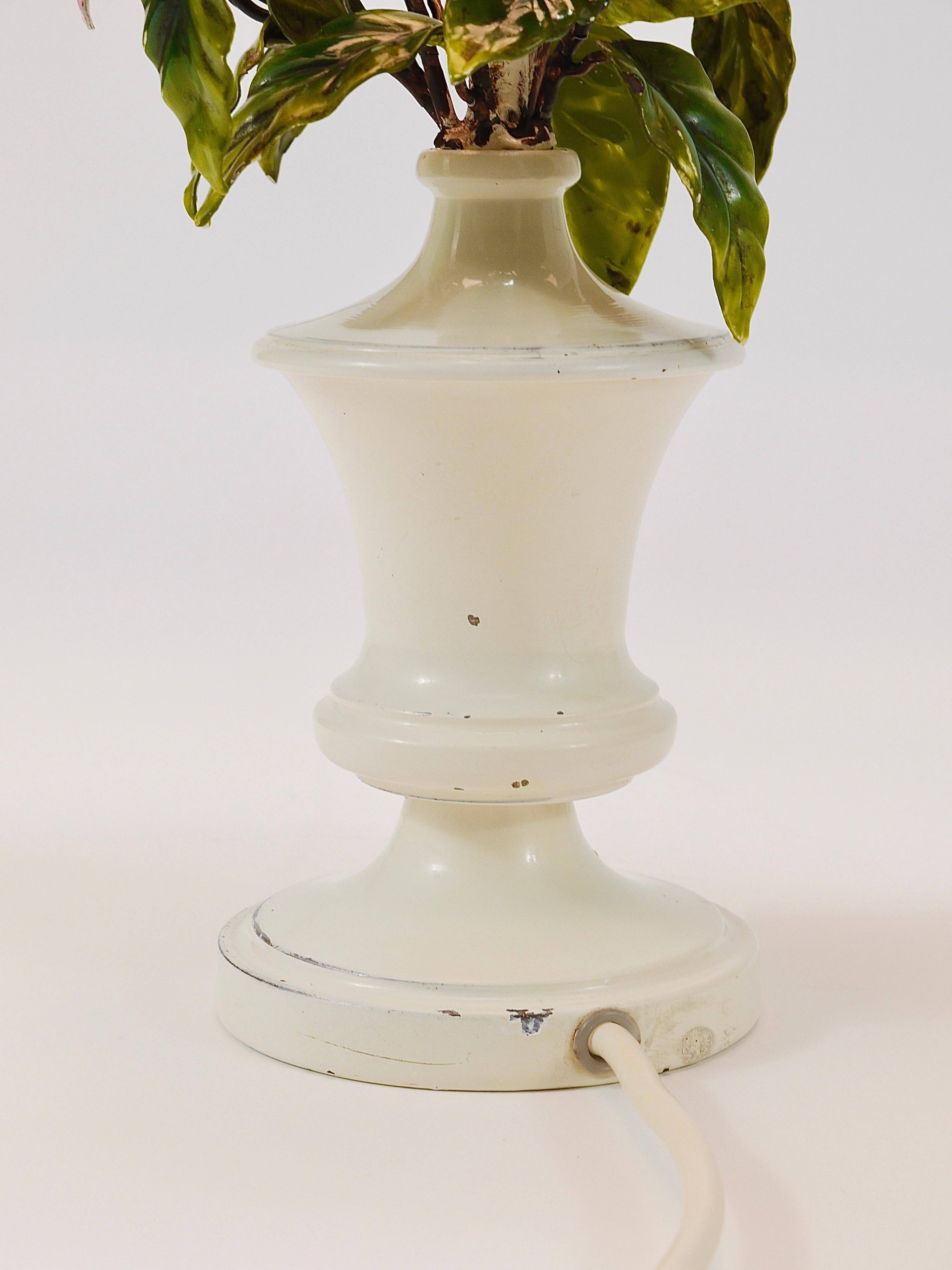 Hand-painted Toleware table lamp with wild apple blossom flowers, Salvadori, Italy, 1950s.