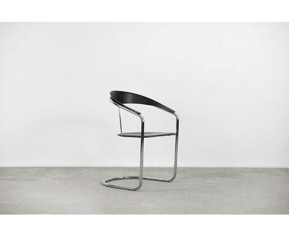Vintage Minimalist Italian Black Leather Canasta Chair from Arrben, 1970s