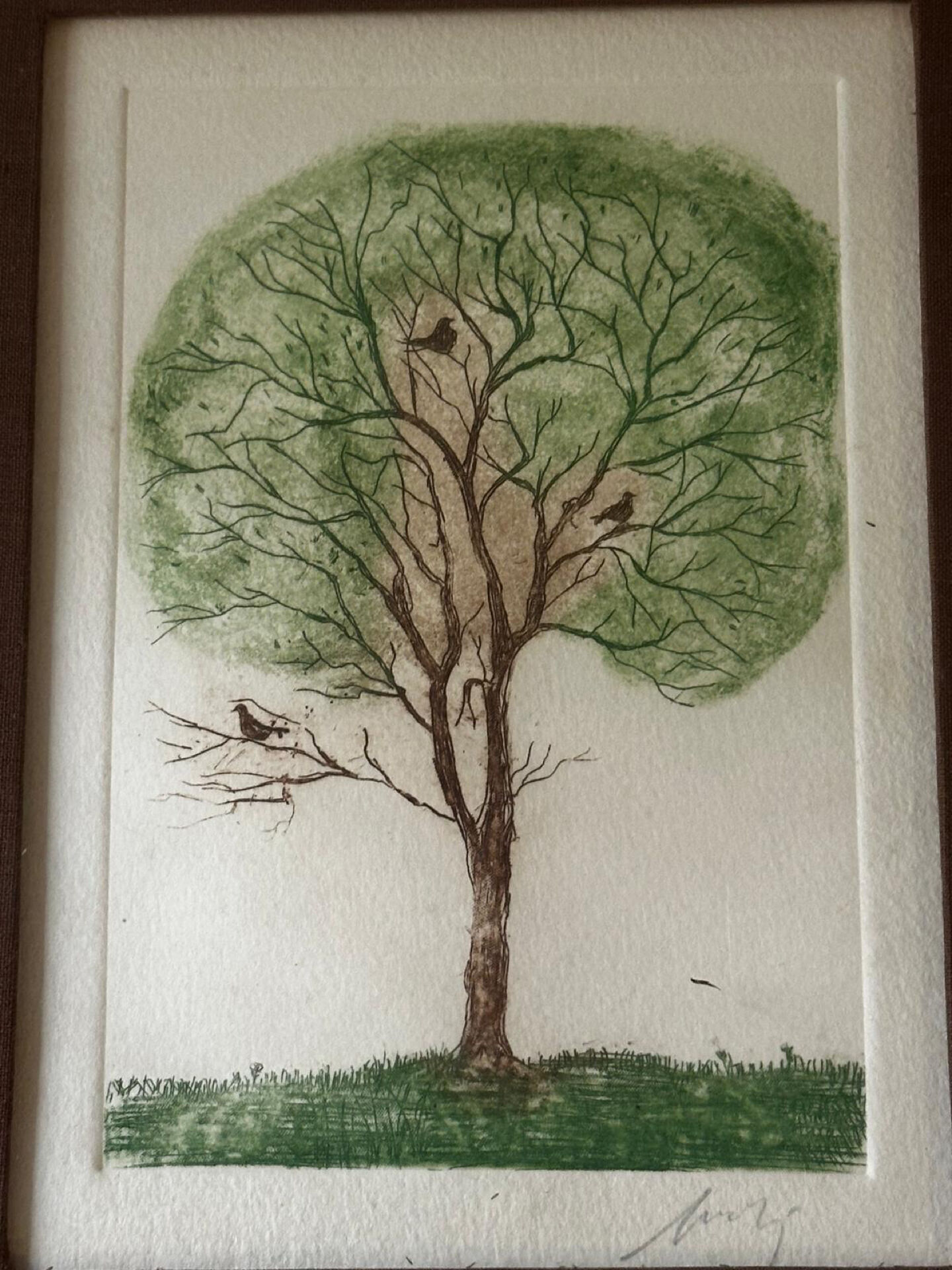 Original signed drawing – Tree with birds - frame 33/28 cm