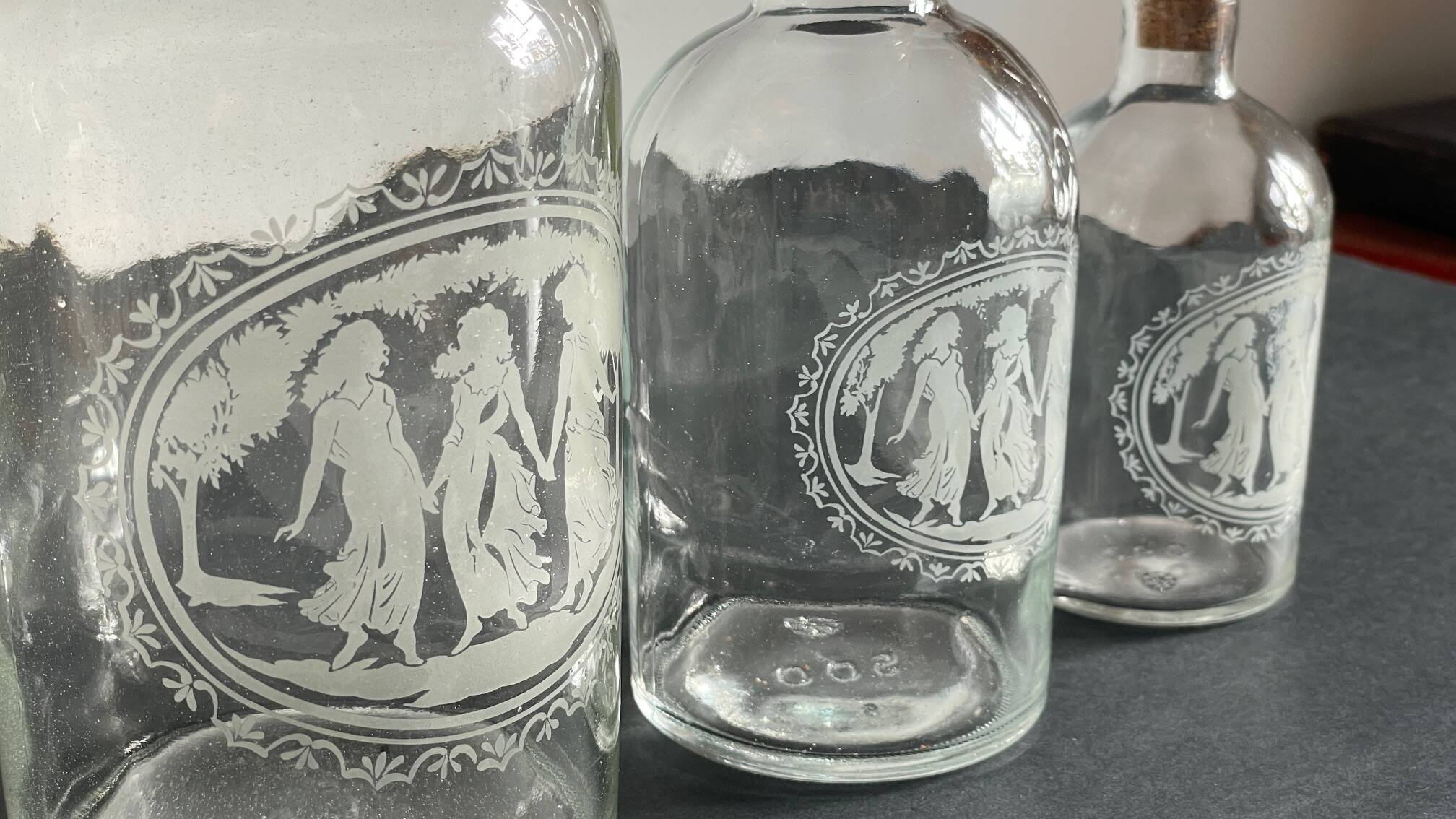 BOTTLES Engraved Glass and VINTAGE Wood