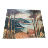 Painting on wood landscape by the water