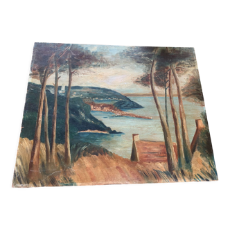 Painting on wood landscape by the water