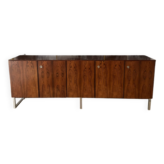 Scandinavian sideboard in rosewood, 5 doors. Chrome square tube base.