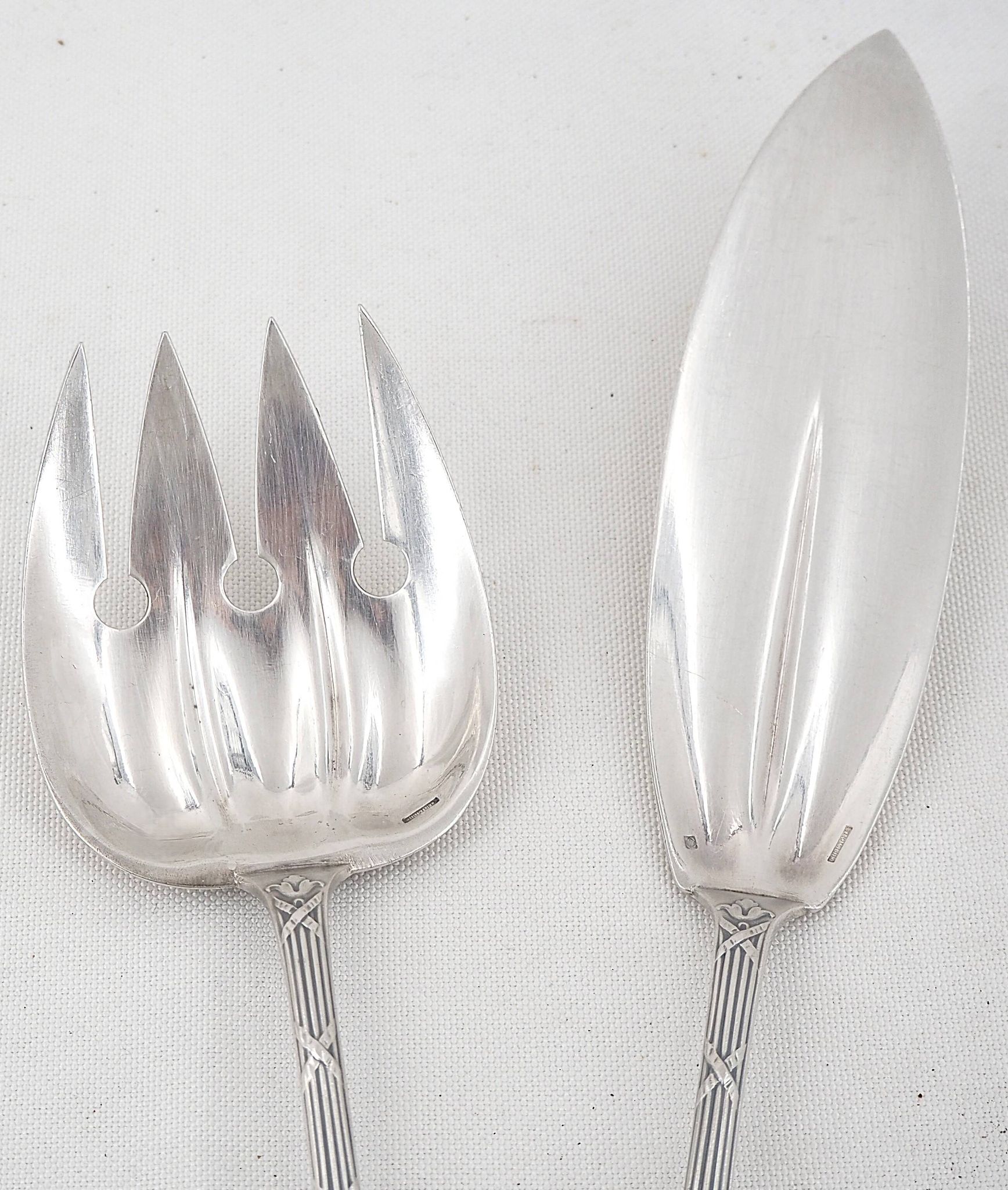 Christofle Rubans model Bell service fish cutlery set, silver-plated, 2 pieces.