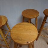 Set of 4 midcentury vintage high pine bar stools