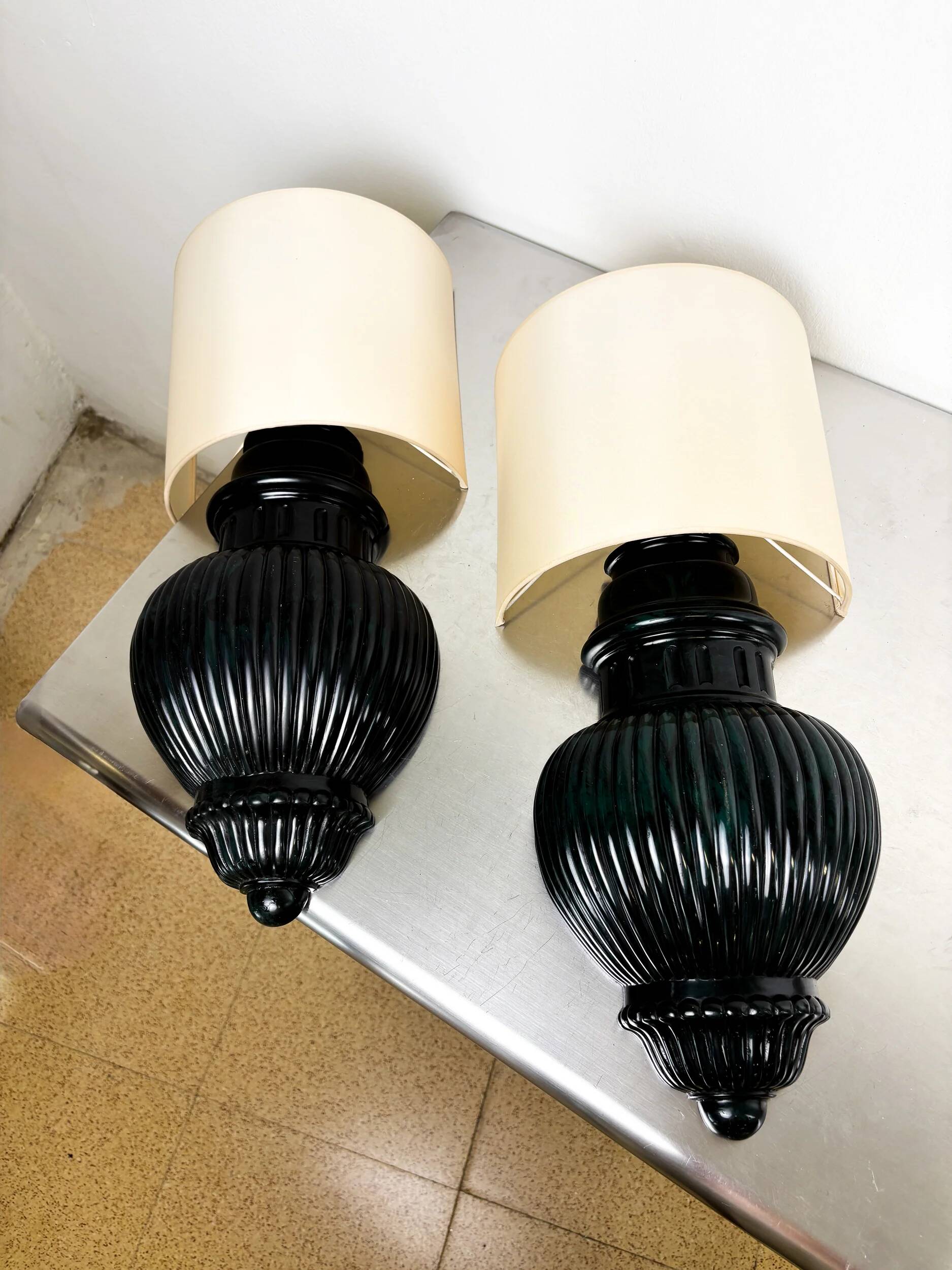 Pair of Art Deco wall lights with shades in glazed cast ceramic,Italy,1970s
