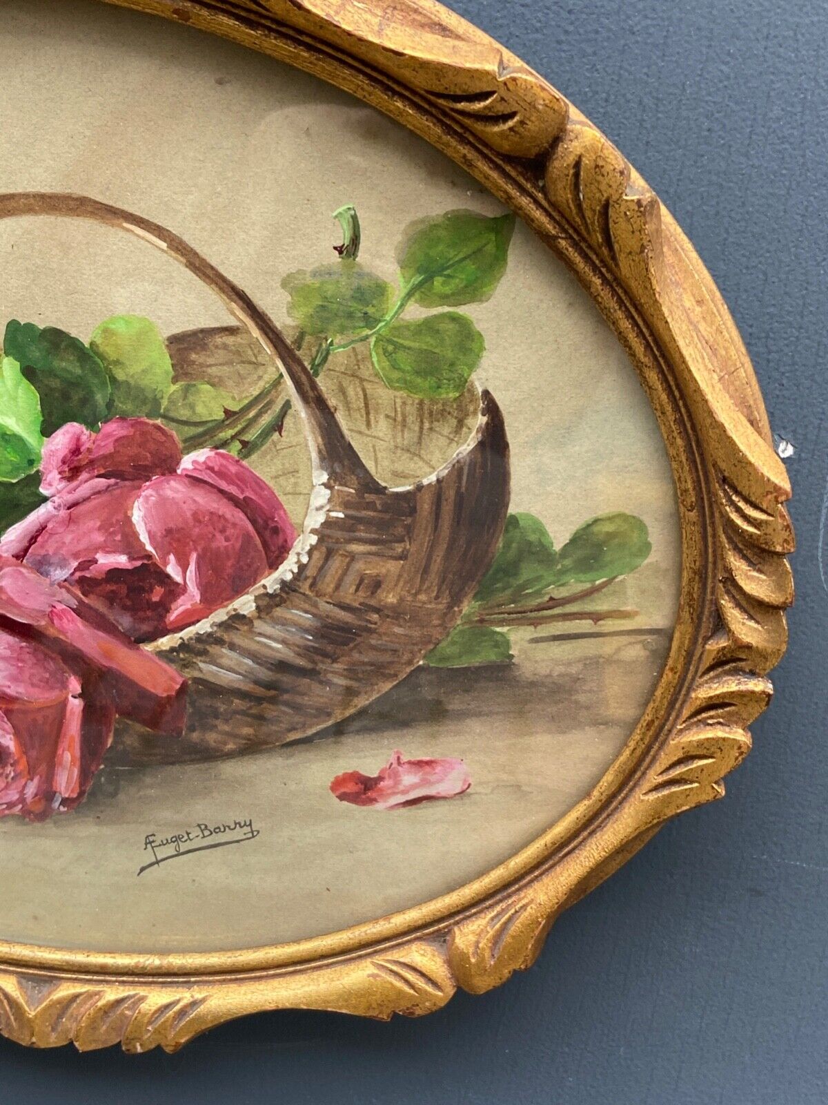 Aquarelle sur papier par A.Euget Barry bouquet de fleurs cadre dore