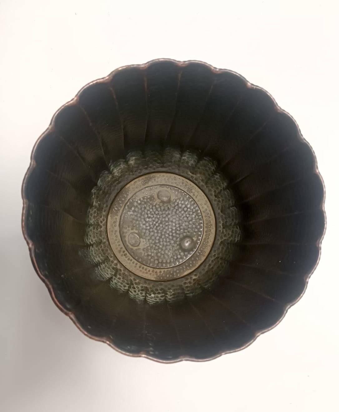 Round Embossed Copper Cachepot / Vase in the style of Egidio Casagrande