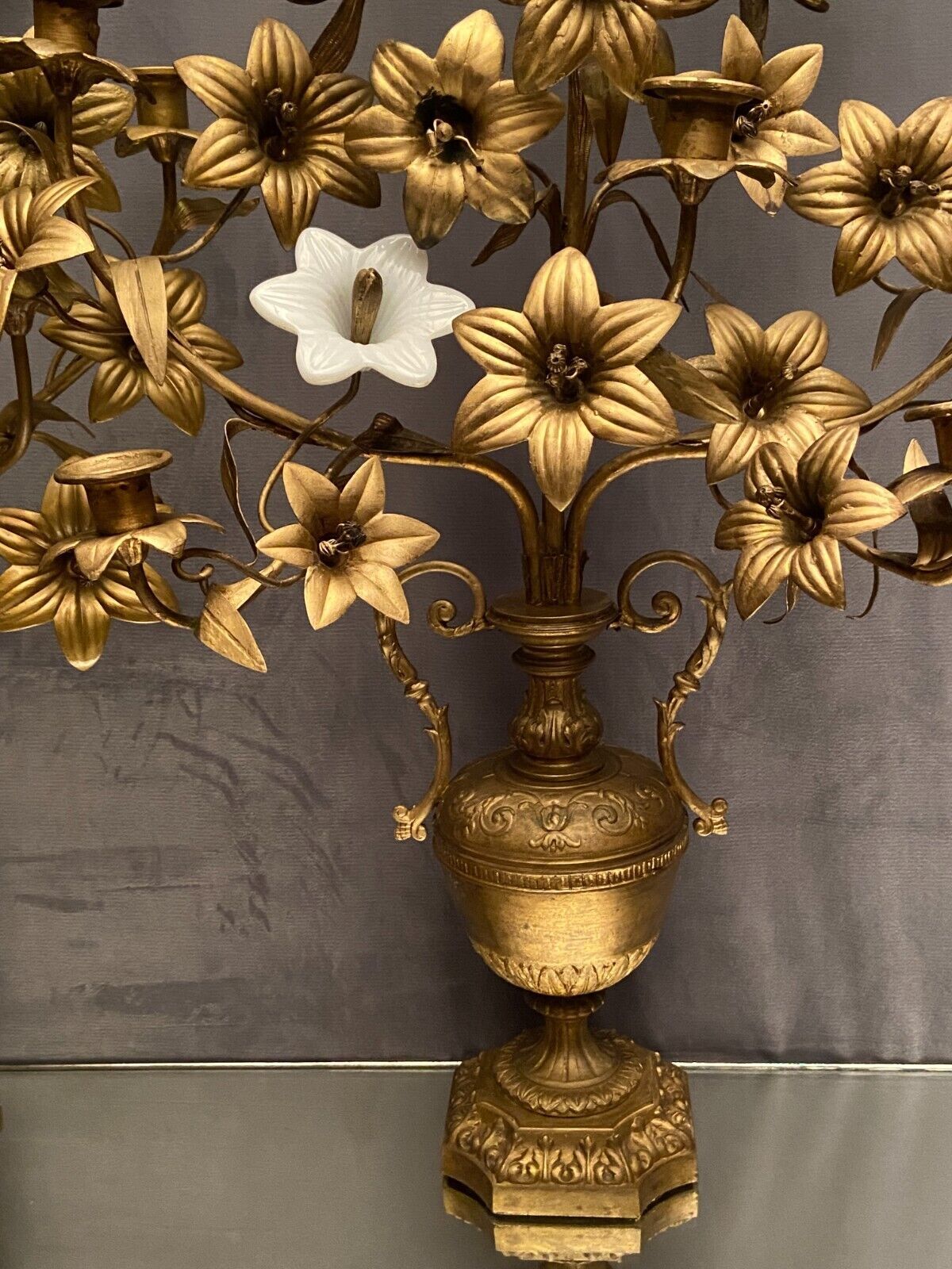 Pair of church candlesticks decorated with brass and opaline flowers nineteenth