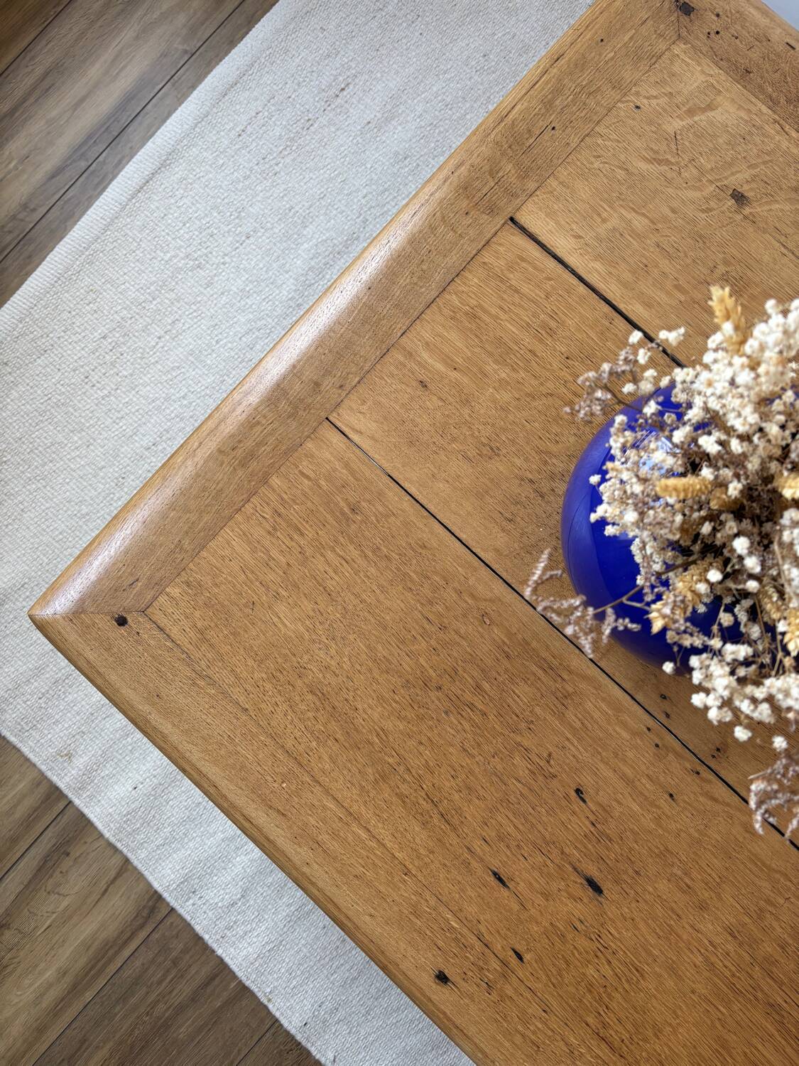 Large farmhouse-style coffee table with drawers, renovated oak.