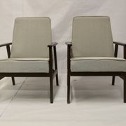 Pair of Henryk Lis armchairs 300-190s 1970s reupholstered gray textured fabric.