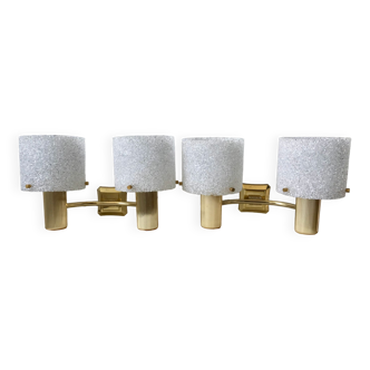 Pair of double wall lights in plexi and gold metal and white 60s-70s