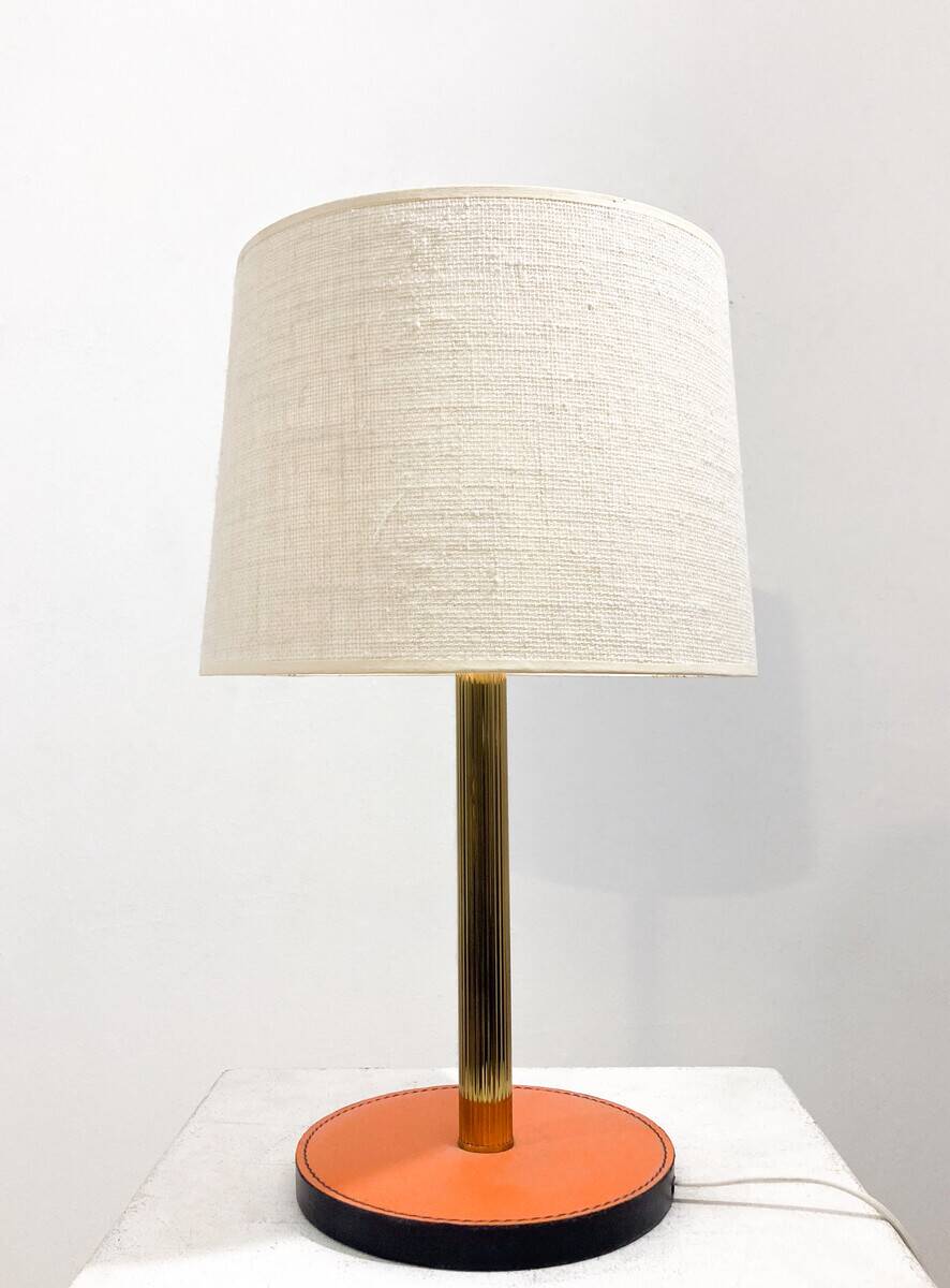 Mid-century modern leather and brass table lamp