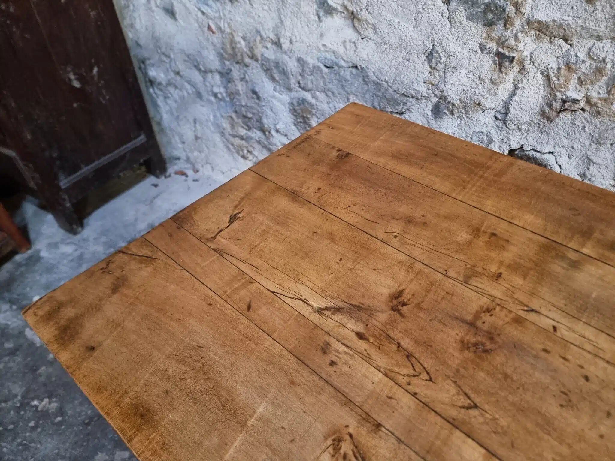 Antique French dining table with drawer, around 1900.