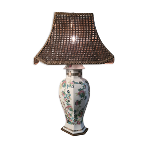 lampe  asiatique avec socle en bois, pied de lampe en céramique 1940