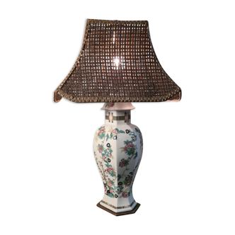 Lampe  asiatique avec socle en bois, pied de lampe en céramique 1940