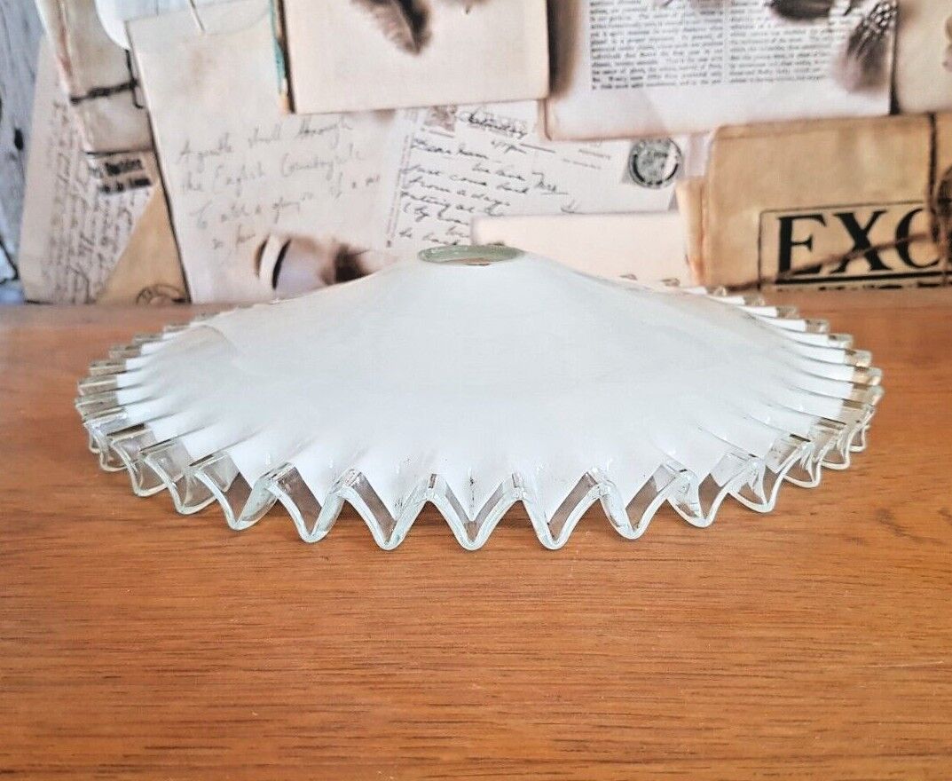 Vintage french frilled glass pendant shade white frosted glass clear edge 3649