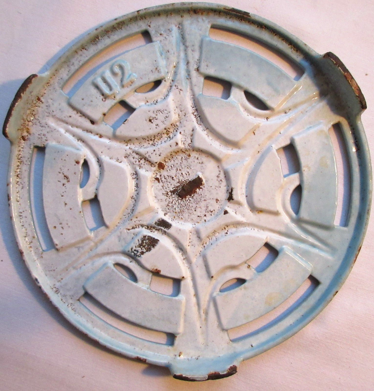 Art deco flat bottom blue and white star enamelled cast