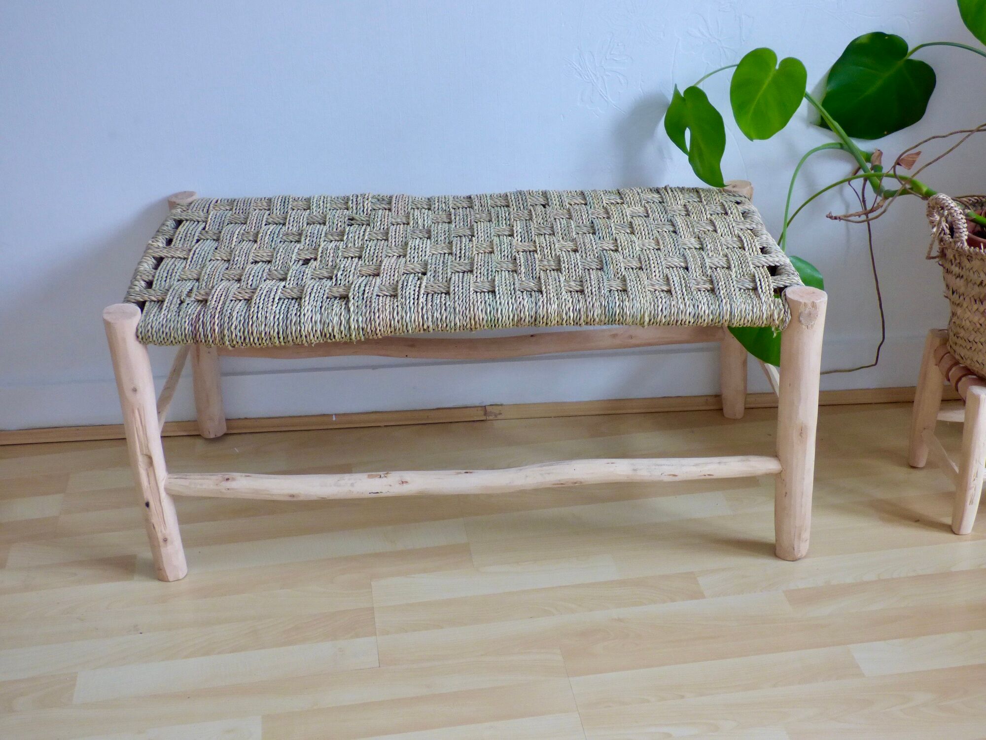 Lemon tree wood bench and braided palm leaf